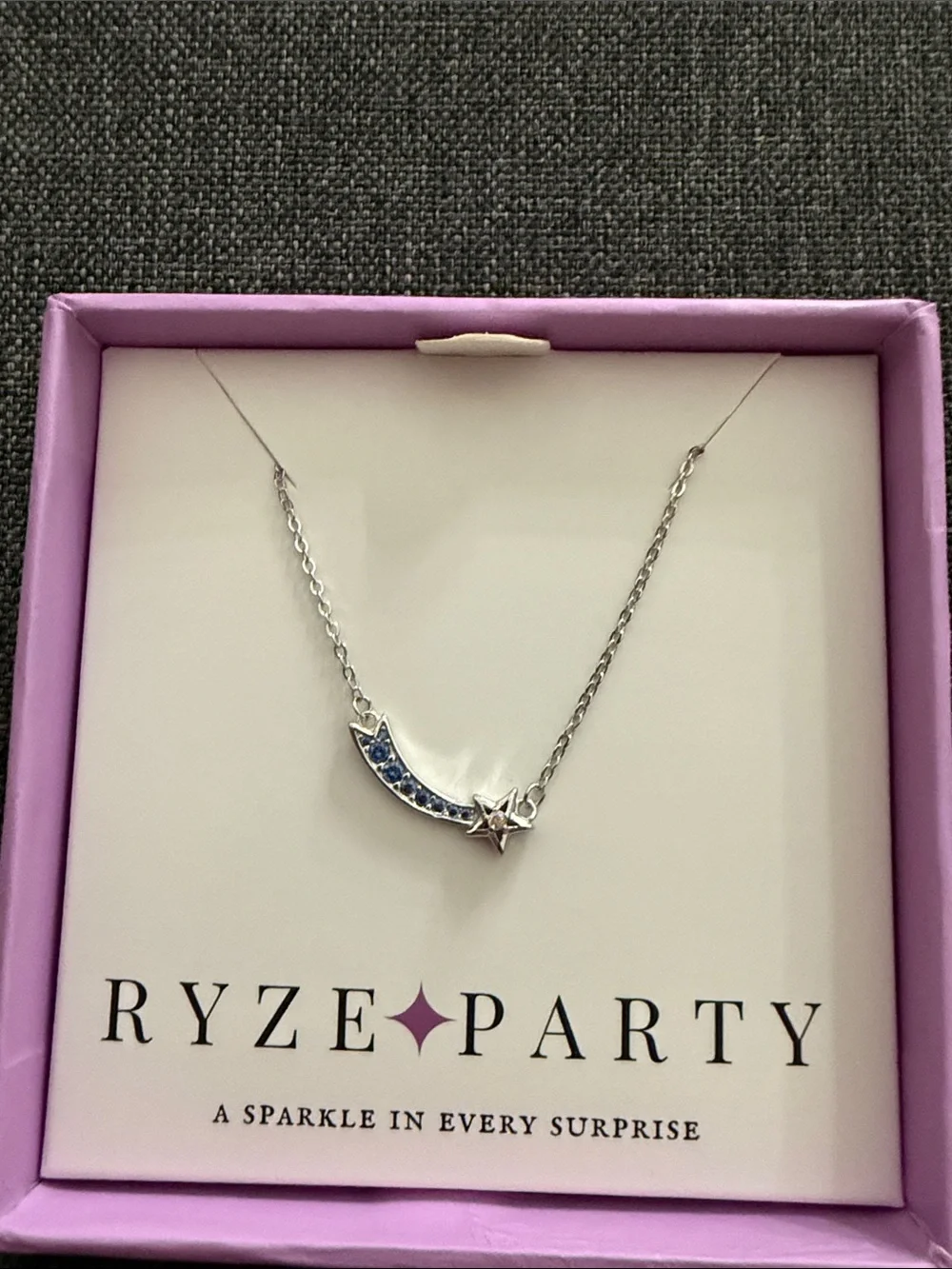 Ryze Party.925 sterling Silver Crescent & Star Necklace with Blue Stones